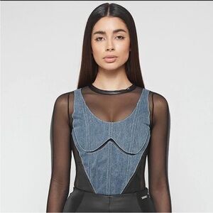 Maniere De Voir Blue Denim-Panel Sheer Bodysuit
